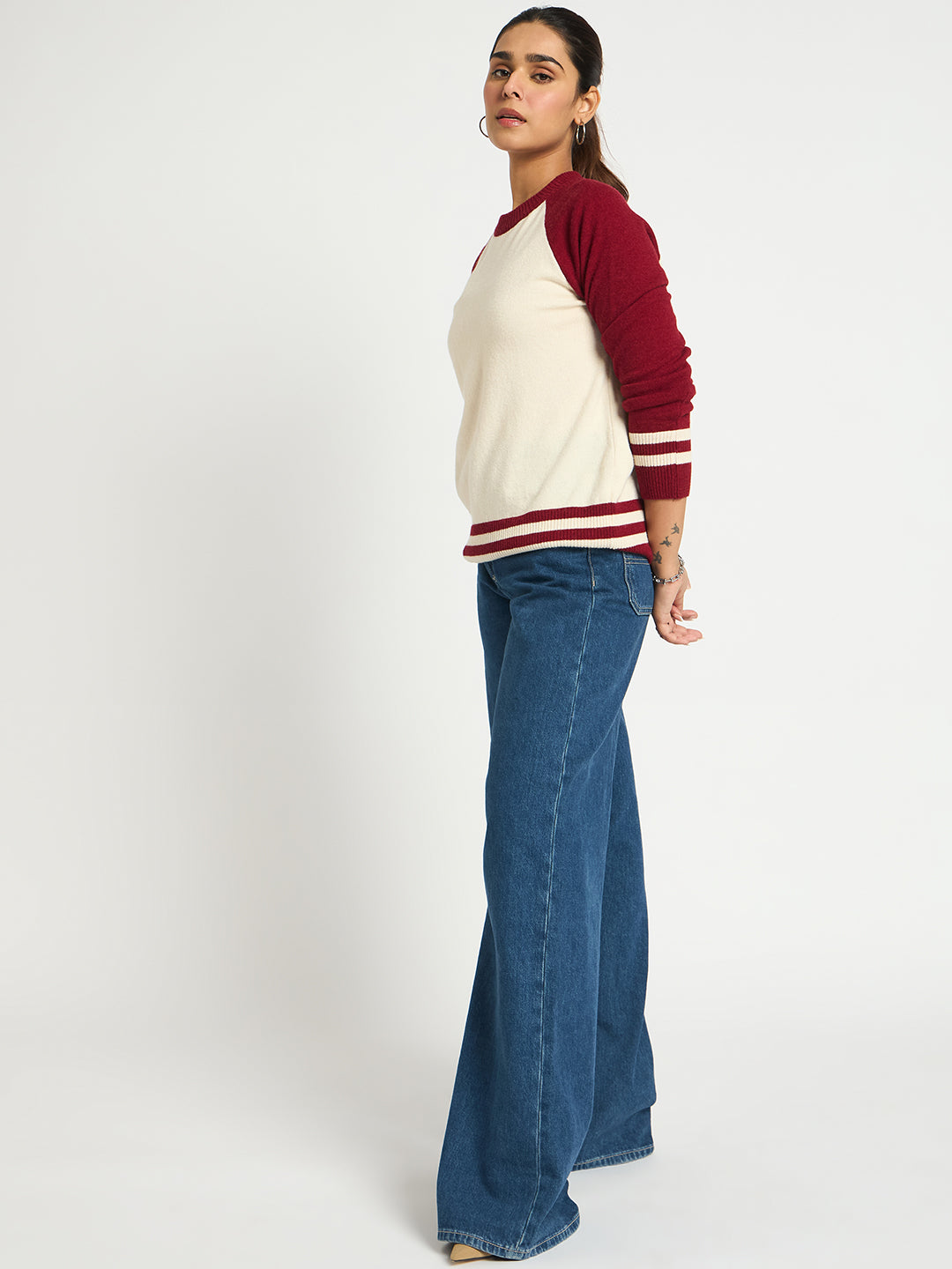 Ivory And Cranberry Colorblock Sweater