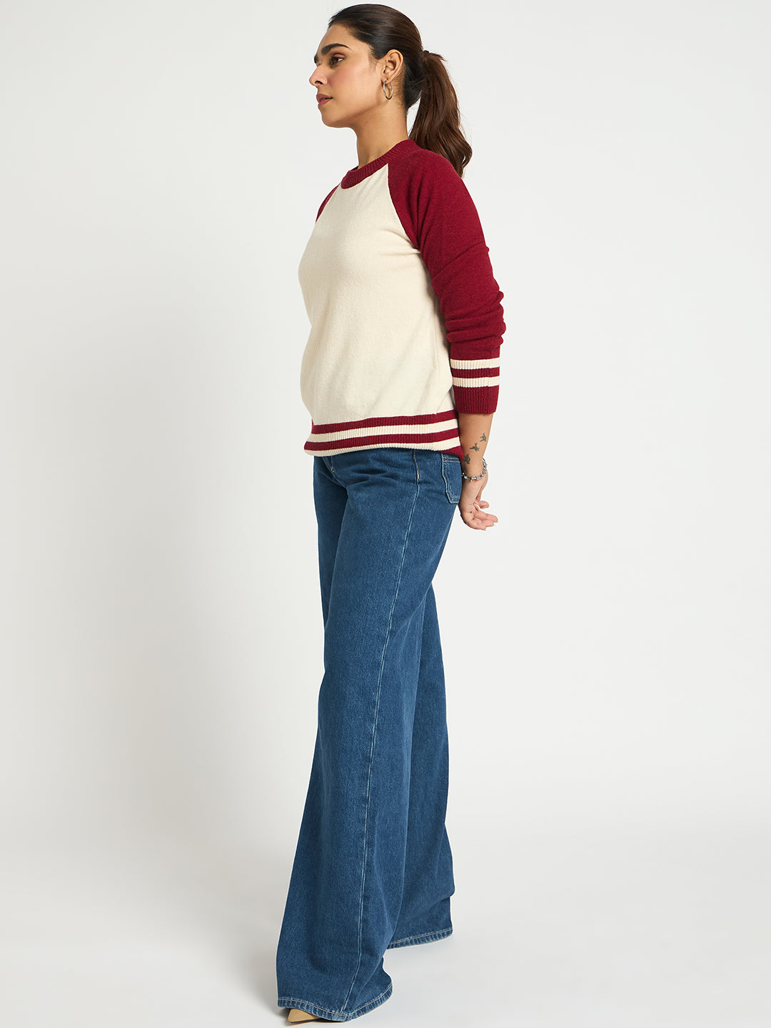 Ivory And Cranberry Colorblock Sweater