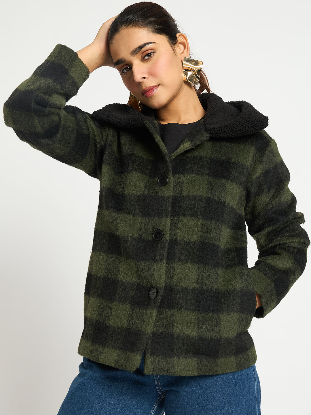 Black And Olive Plaid Fur Jacket