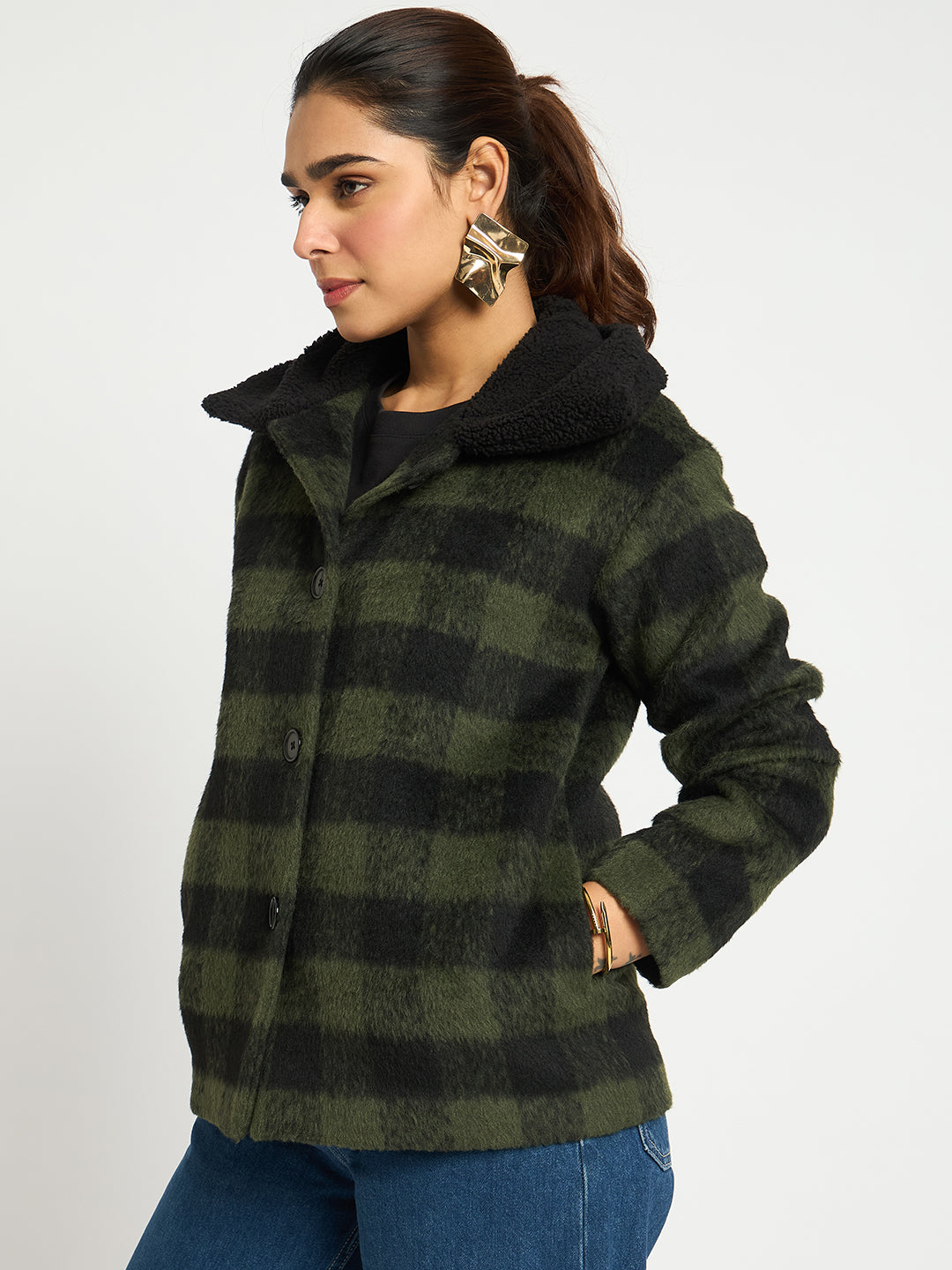 Black And Olive Plaid Fur Jacket