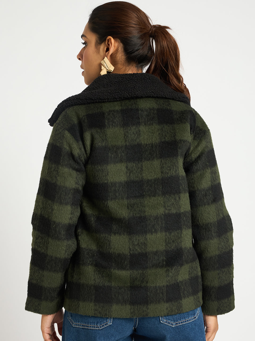 Black And Olive Plaid Fur Jacket