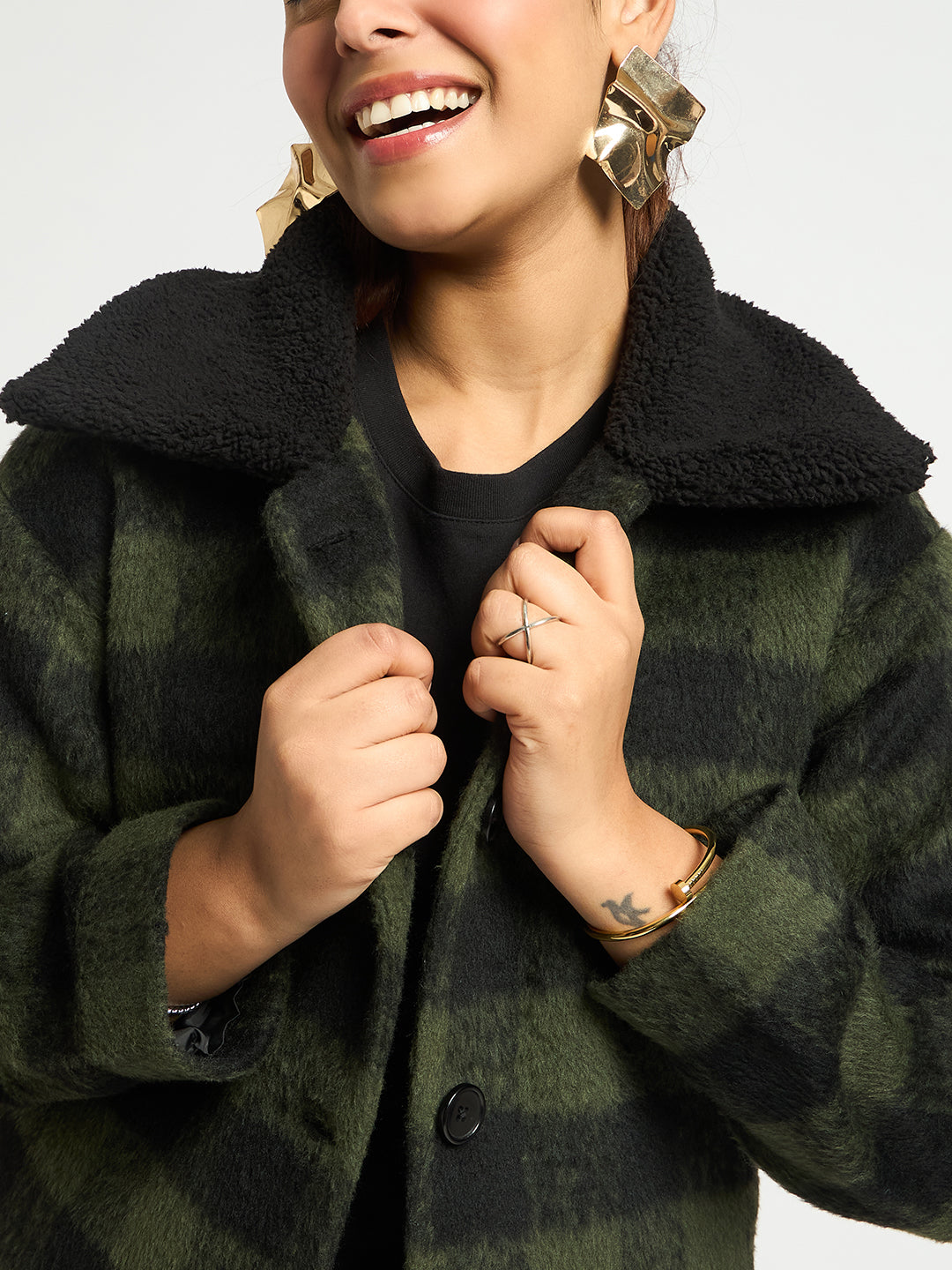 Black And Olive Plaid Fur Jacket