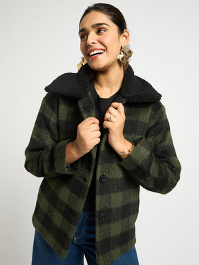 Black And Olive Plaid Fur Jacket