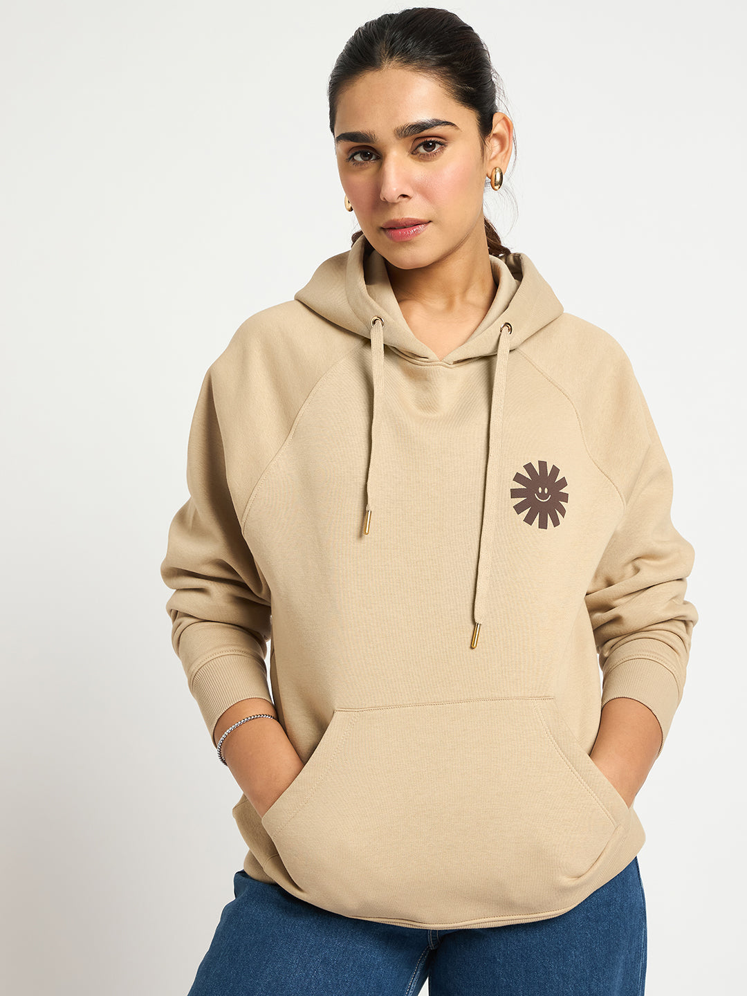 Beige Raglan Sleeve Fleece Graphic Hoodie