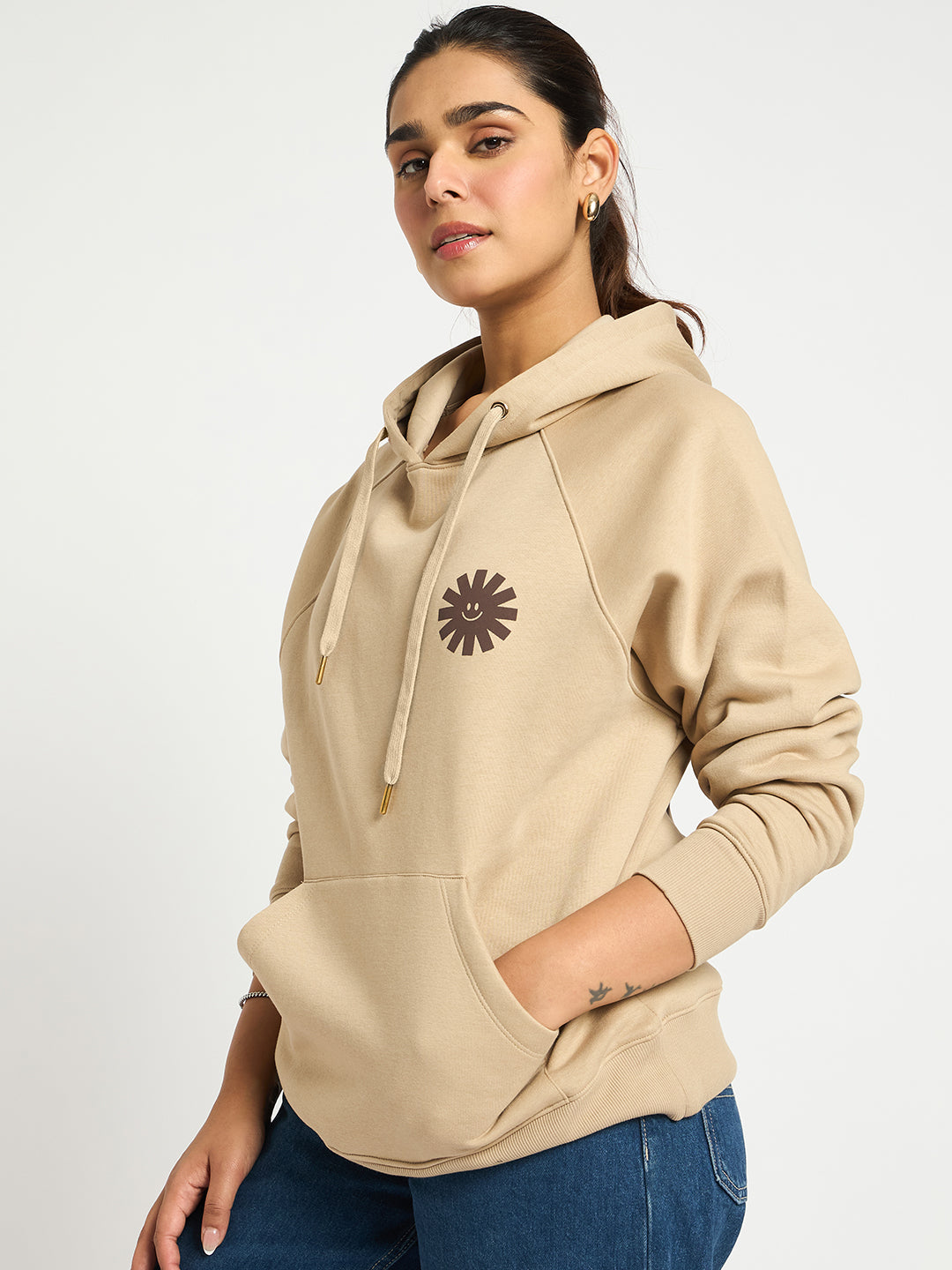 Beige Raglan Sleeve Fleece Graphic Hoodie