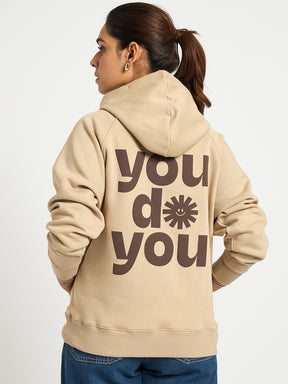 Beige Raglan Sleeve Fleece Graphic Hoodie