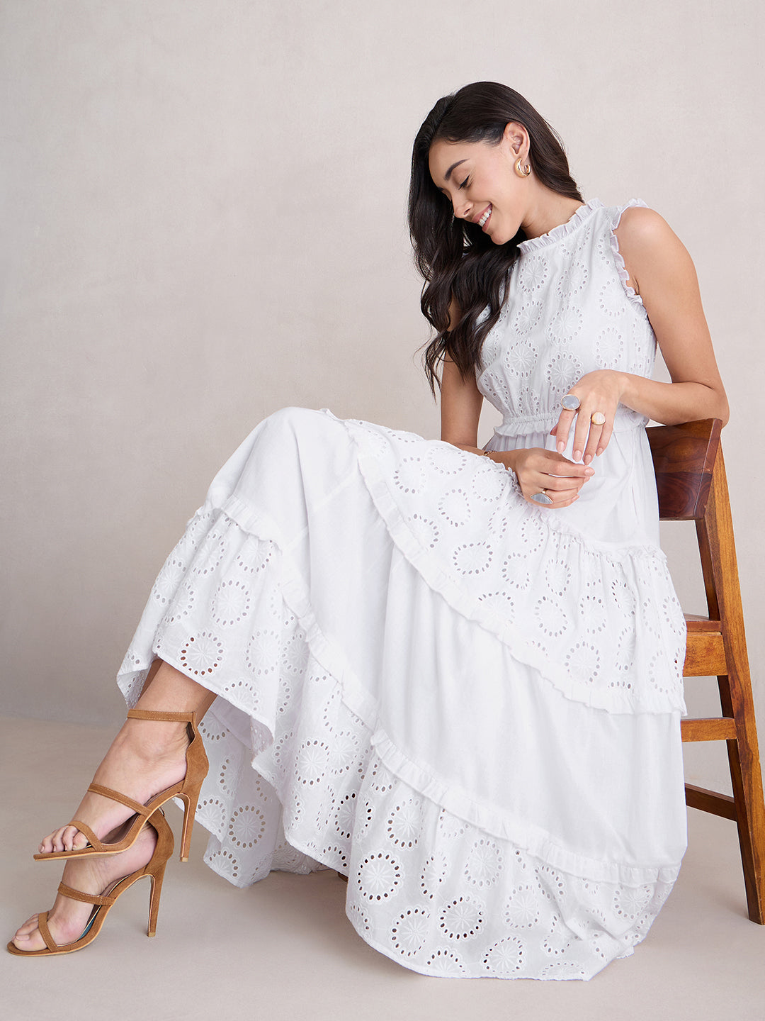 White Cotton Schiffli Tier Maxi Dress