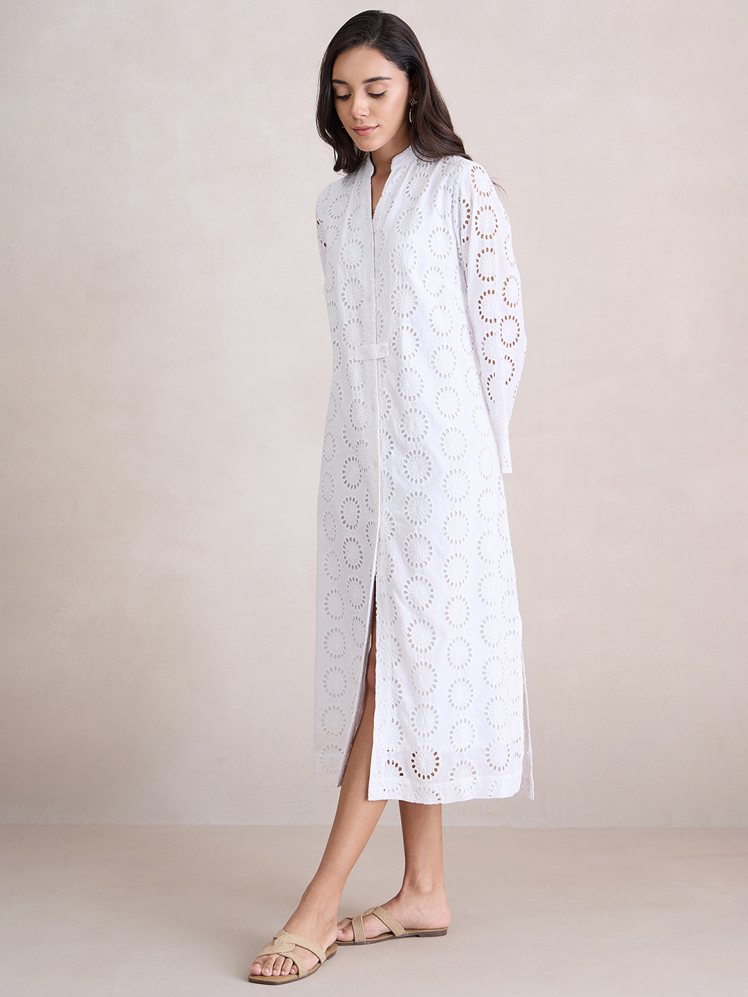 White Cotton Schiffli Shirt Maxi Dress