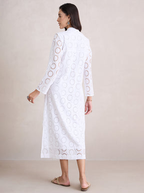 White Cotton Schiffli Shirt Maxi Dress