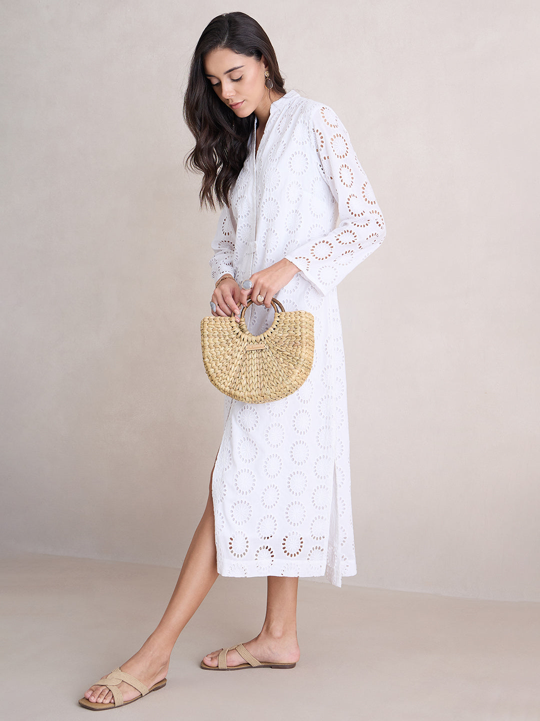 White Cotton Schiffli Shirt Maxi Dress