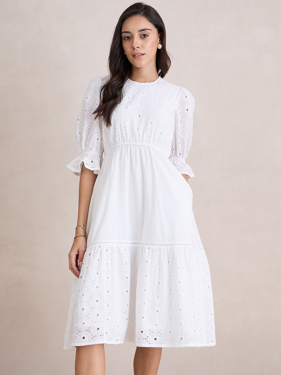 White Cotton Schiffli Tiered Midi Dress