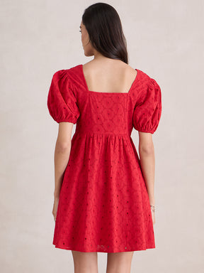 Red Cotton Schiffli Square Neck Mini Dress