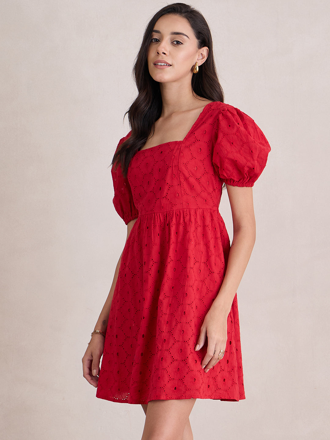 Red Cotton Schiffli Square Neck Mini Dress