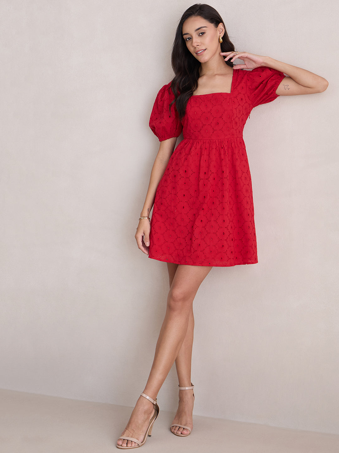 Red Cotton Schiffli Square Neck Mini Dress