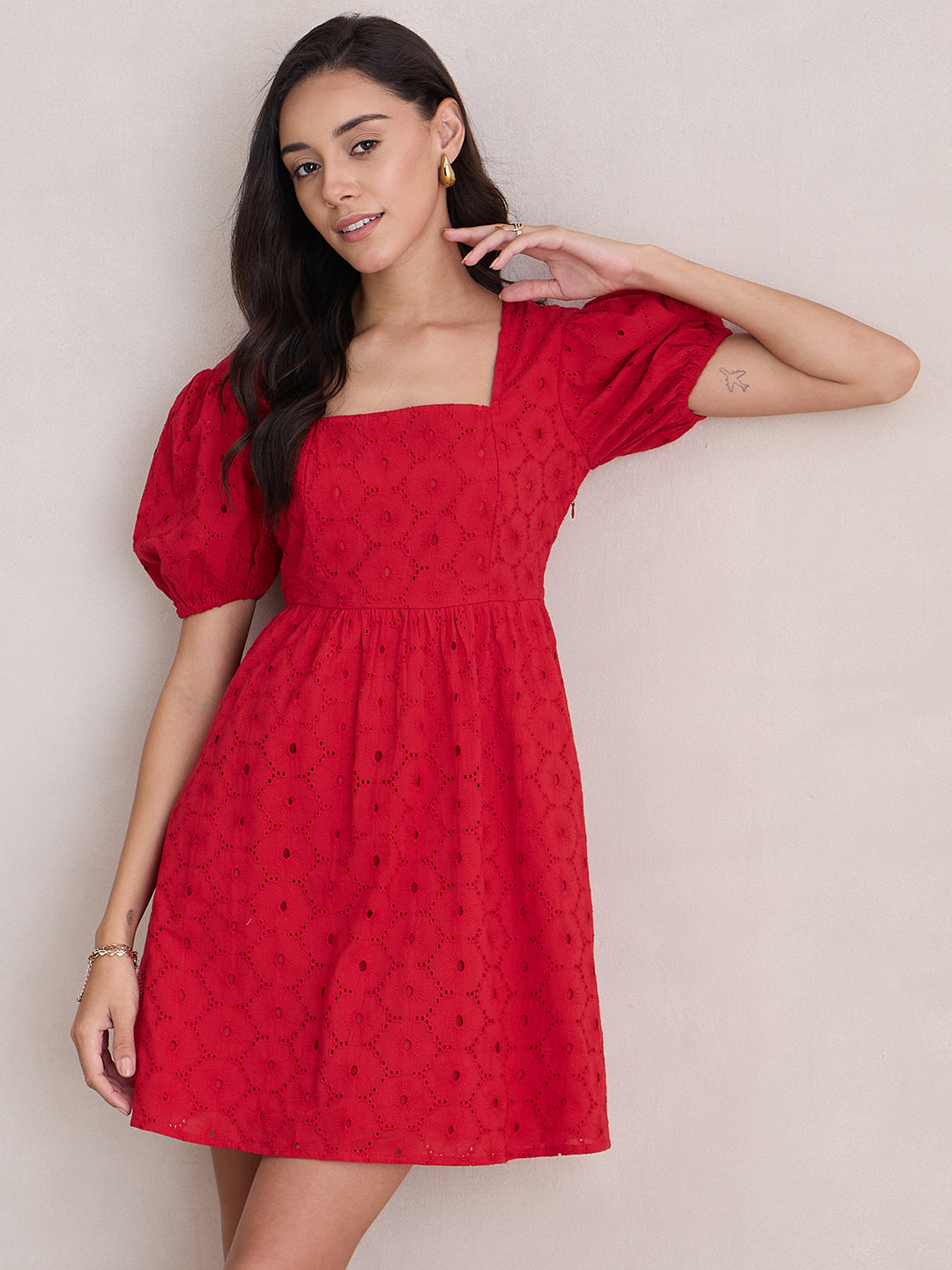 Red Cotton Schiffli Square Neck Mini Dress