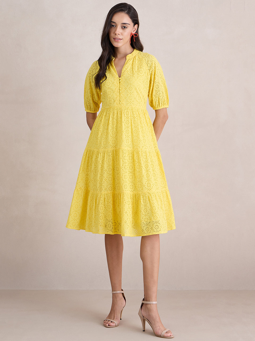Yellow Cotton Schiffli Button Down Midi Dress