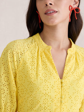 Yellow Cotton Schiffli Button Down Midi Dress