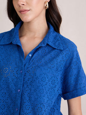 Cobalt Blue Cotton Schiffli Shirt