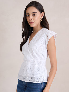 White Cotton Schiffli Wrap Top