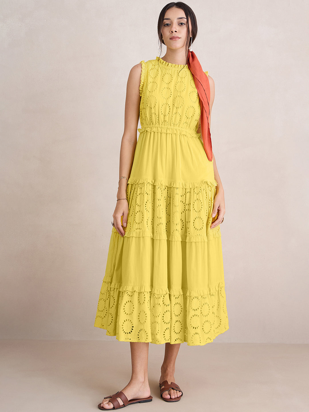 Yellow Cotton Schiffli Tier Maxi Dress