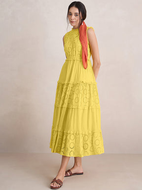 Yellow Cotton Schiffli Tier Maxi Dress