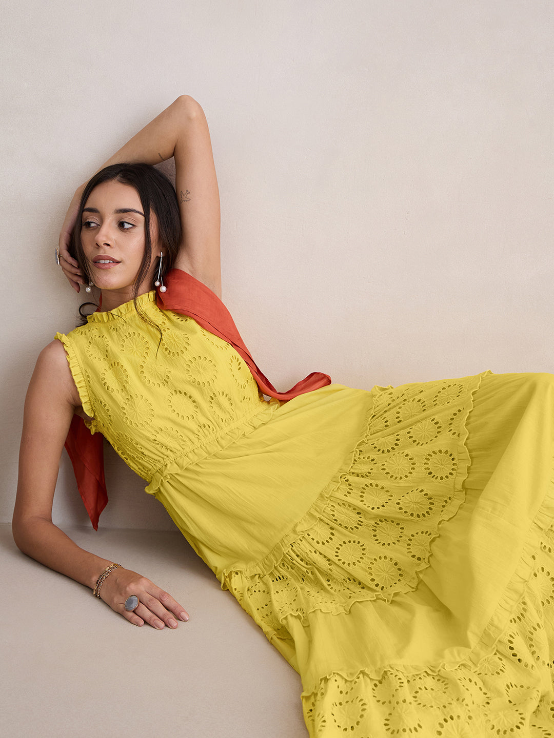 Yellow Cotton Schiffli Tier Maxi Dress