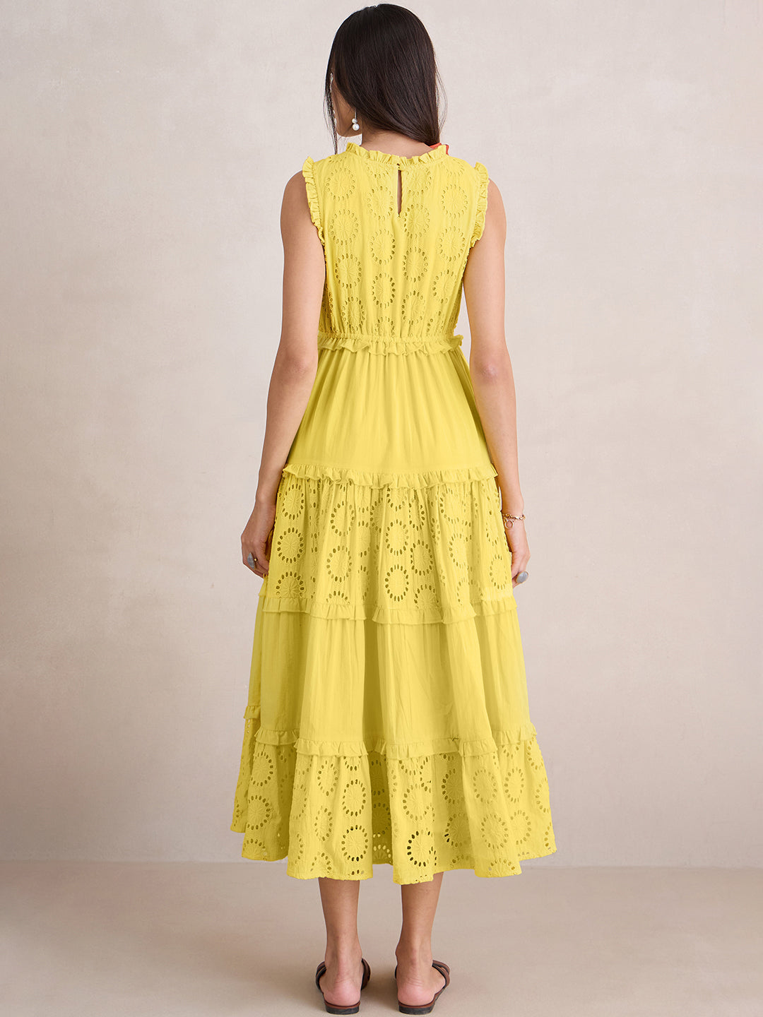 Yellow Cotton Schiffli Tier Maxi Dress