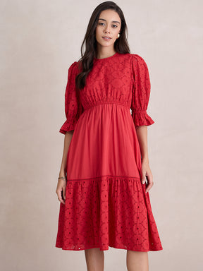 Red Cotton Schiffli Tiered Midi Dress