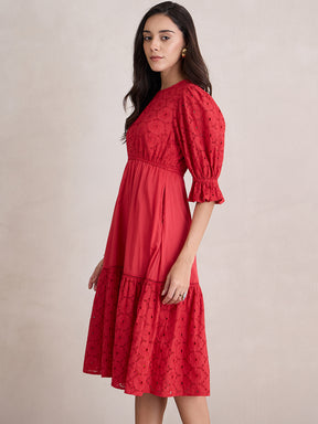 Red Cotton Schiffli Tiered Midi Dress