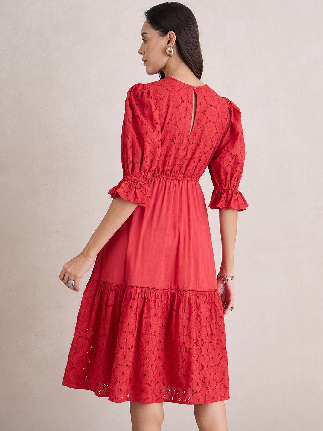 Red Cotton Schiffli Tiered Midi Dress