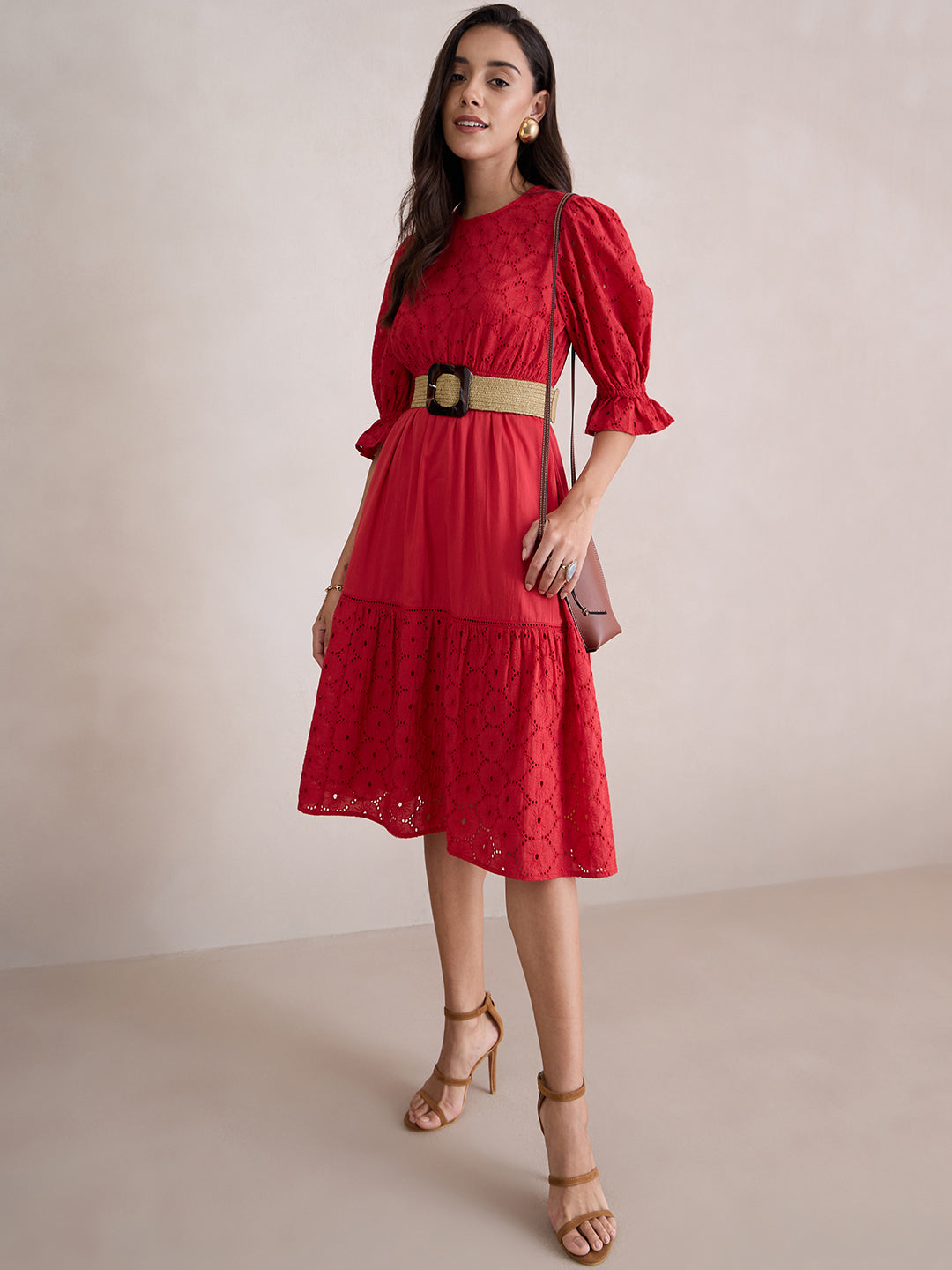 Red Cotton Schiffli Tiered Midi Dress