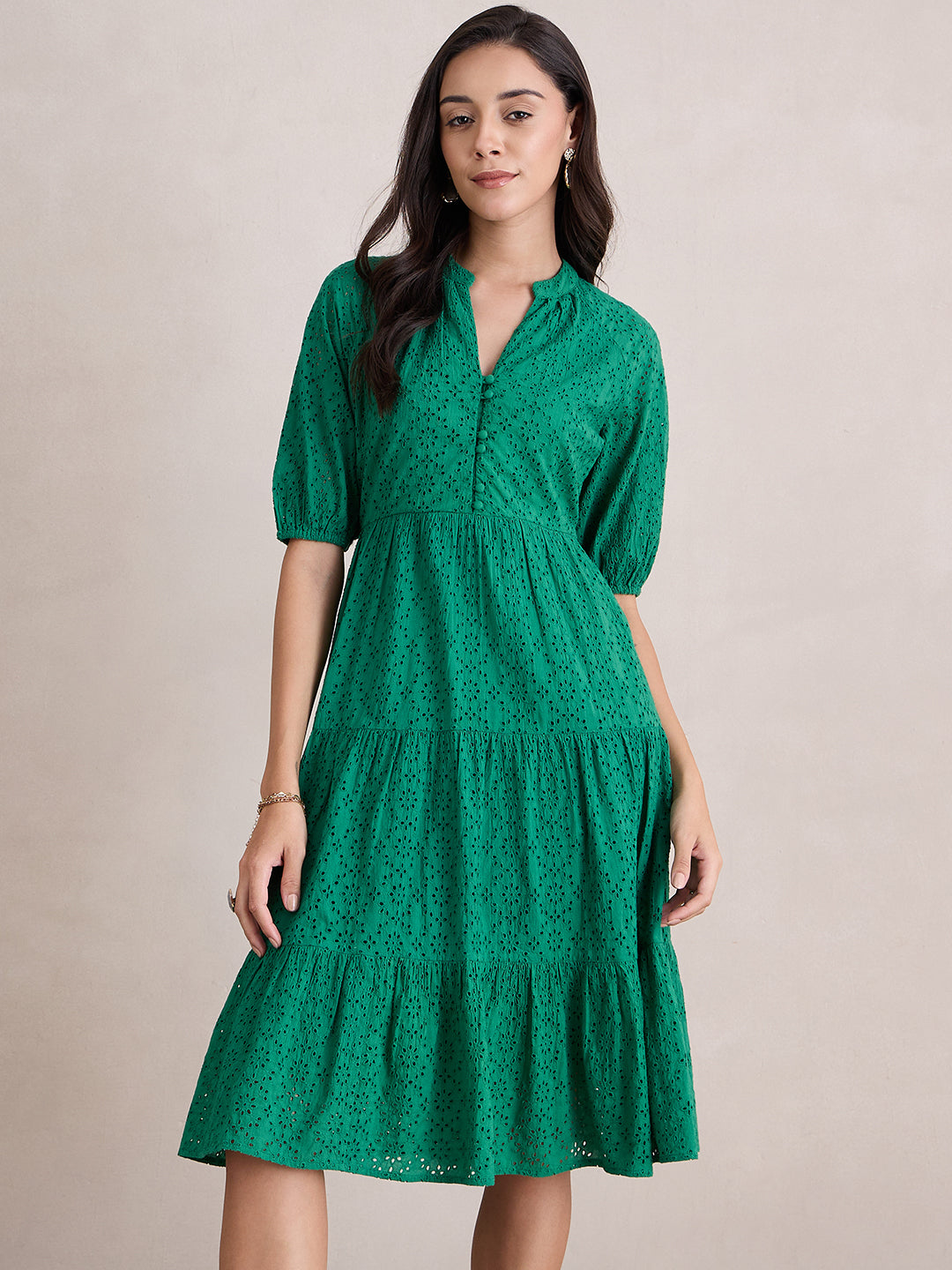 Green Cotton Schiffli Button Down Midi Dress