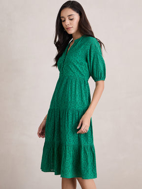 Green Cotton Schiffli Button Down Midi Dress