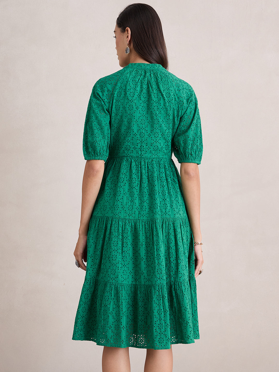 Green Cotton Schiffli Button Down Midi Dress