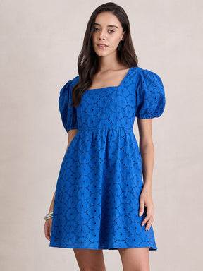 Cobalt Blue Cotton Schiffli Square Neck Mini Dress