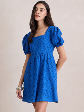 Cobalt Blue Cotton Schiffli Square Neck Mini Dress