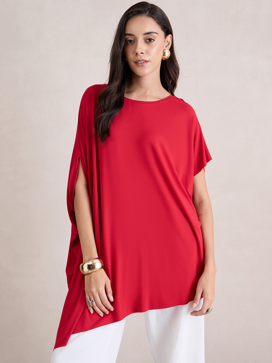 Red Knit Oversize  Asymmetrical Top
