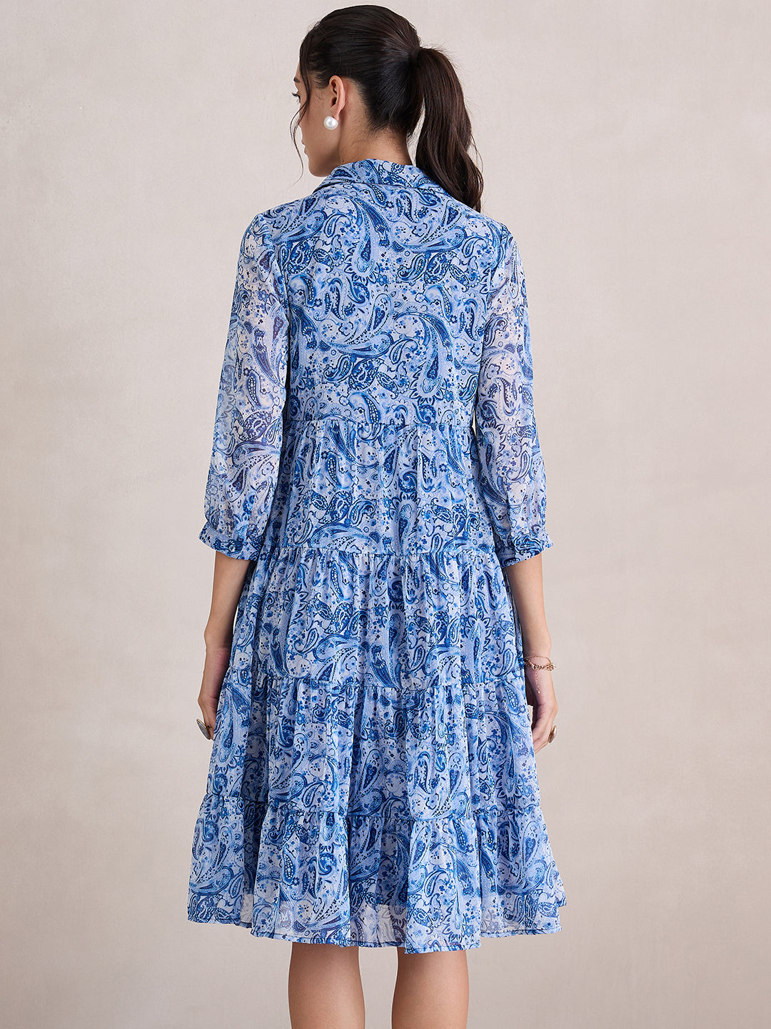 Blue And White Paisley Print Tiered Midi Dress