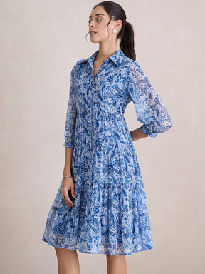 Blue And White Paisley Print Tiered Midi Dress