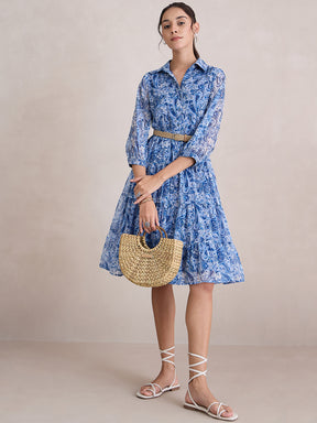 Blue And White Paisley Print Tiered Midi Dress