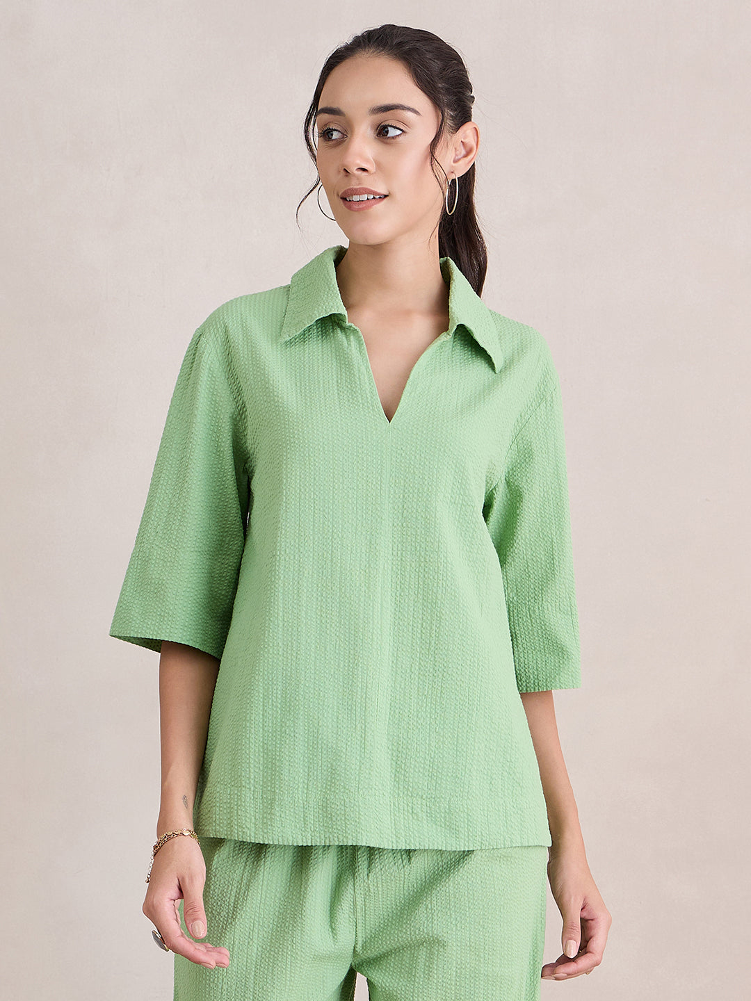 Pista Green Seersucker V-Neck Co-Ord Set