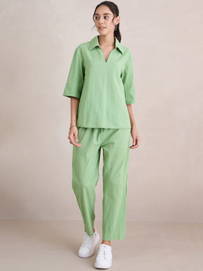 Pista Green Seersucker V-Neck Co-Ord Set