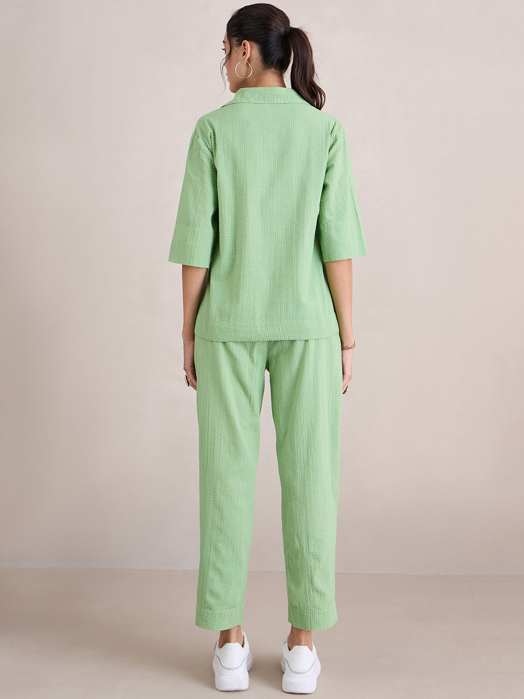 Pista Green Seersucker V-Neck Co-Ord Set