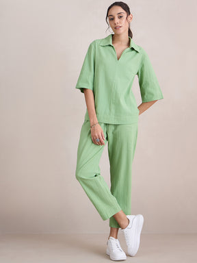 Pista Green Seersucker V-Neck Co-Ord Set