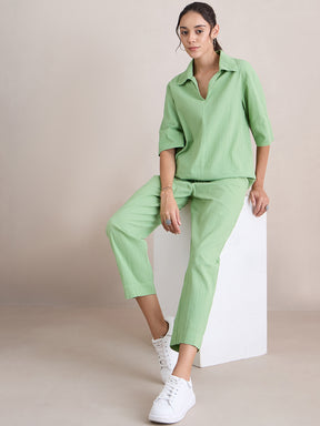 Pista Green Seersucker V-Neck Co-Ord Set