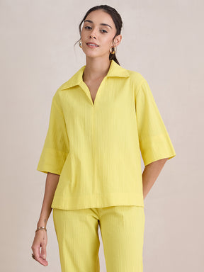 Yellow Seersucker V-Neck Co-Ord Set