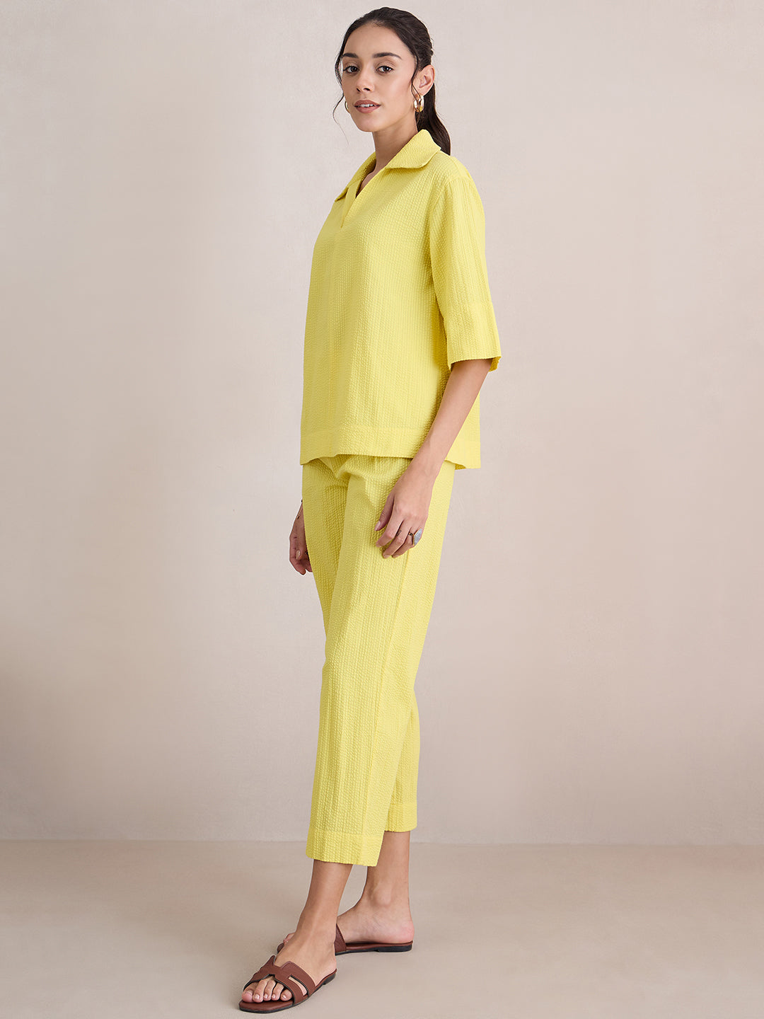 Yellow Seersucker V-Neck Co-Ord Set