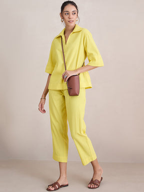 Yellow Seersucker V-Neck Co-Ord Set