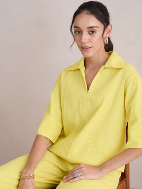 Yellow Seersucker V-Neck Co-Ord Set