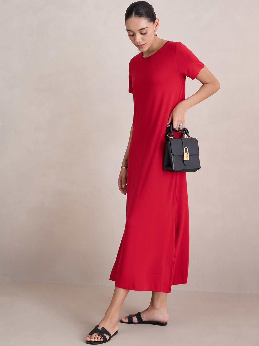 Red Knit Slit Detail Maxi Dress